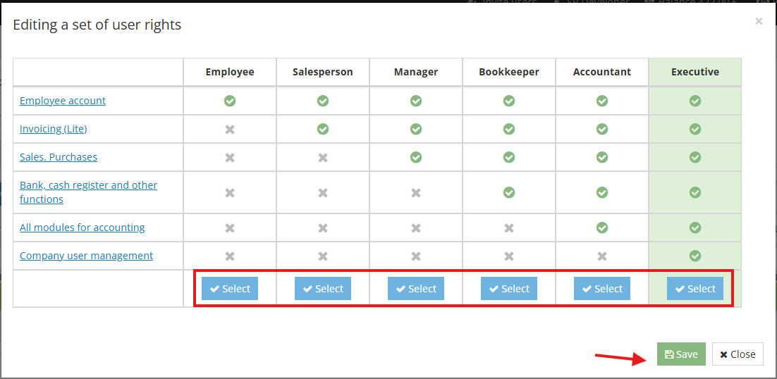 Окно изменения набора прав